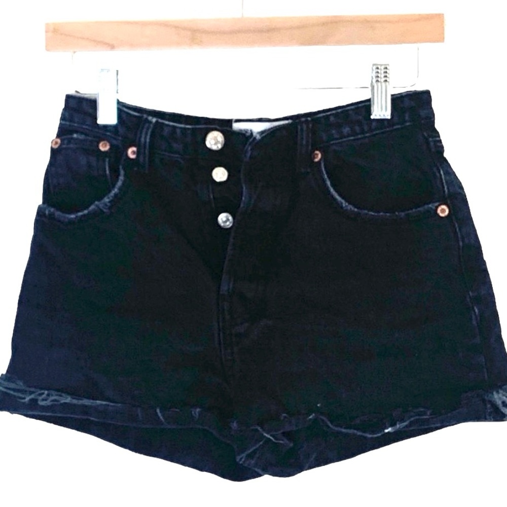 Zara | High rise button fly denim fray cuffed shorts size 0
